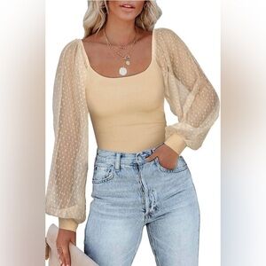 PINKM Style Nude Bodysuit Sheer Sleeves